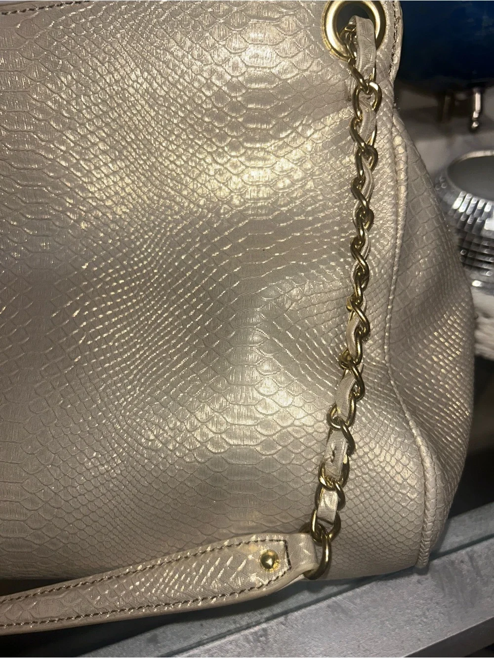 Nine West Metallic Champagne Snake-Embossed Shoulder Bag with Gold Hardware